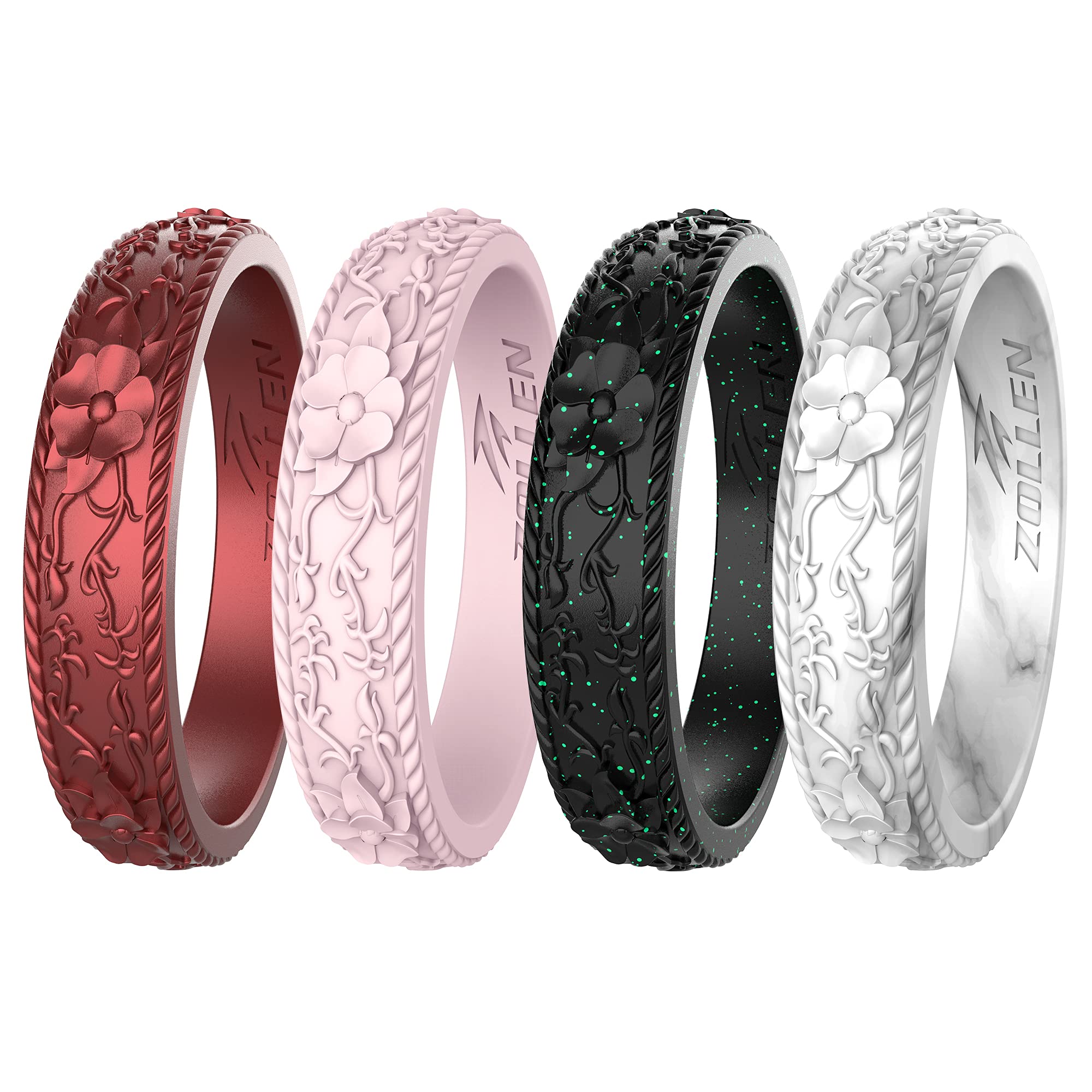 Zollen Silicone Wedding Rings for Women 4 Packs -Stackable Silicone Rubber Wedding Bands - Innovative Flower & Vine Collection, size 10