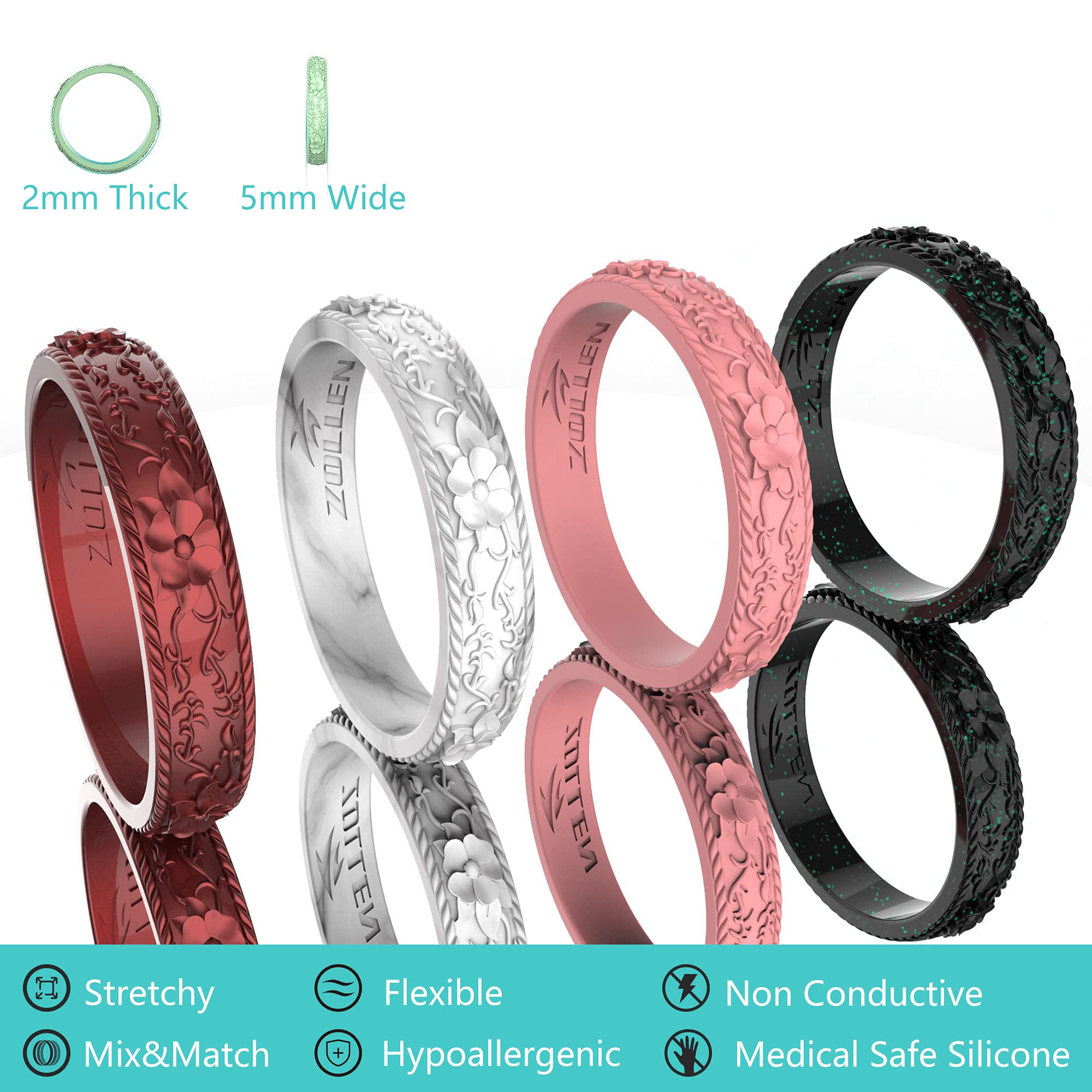 Zollen Silicone Wedding Rings for Women 4 Packs -Stackable Silicone Rubber Wedding Bands - Innovative Flower & Vine Collection, size 10