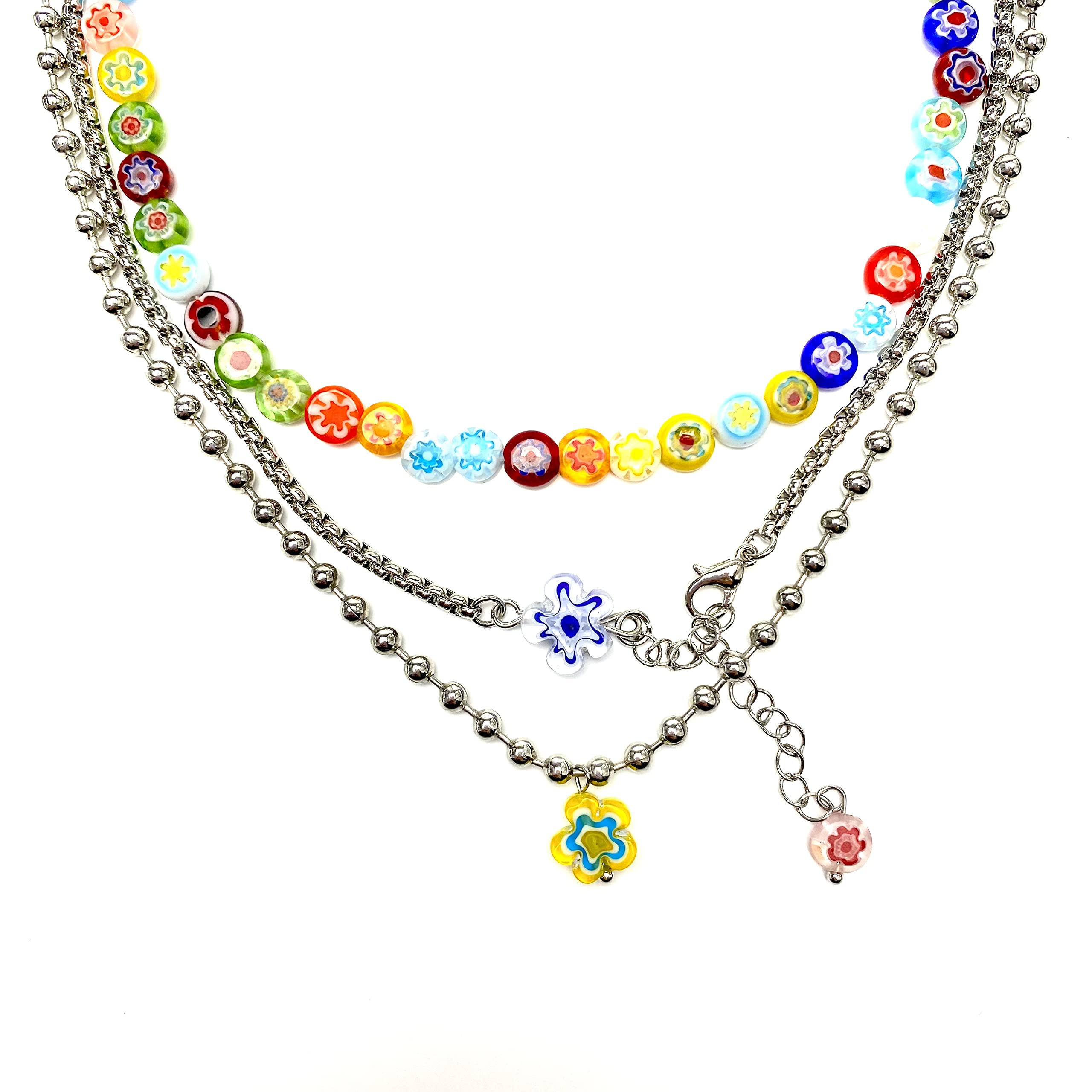 Y2k Necklace Layered Colorful Beaded Necklace Y2K Bead Choker Necklaces with Flower Pendant Indie Jewelry for Teen Girls Woman 3Pcs