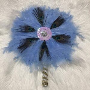 Nigerian Fan 19color Available Feather Fan with Stones Sequins Nigerian Wedding Feather Fan for Party Wedding - Blue