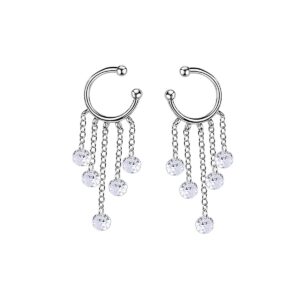 SLUYNZ 925 Sterling Silver Cuff Earrings Droplet Tassel Chain for Women No Piercing Cartilage Earrings Wrap (A-Silver)