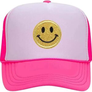 Lin Su Fashion Smile Face Sequins Baseball Cap Printing Neon High Crown Foam Mesh Back Trucker Hat-for Men and Women (Multicoloured-7)