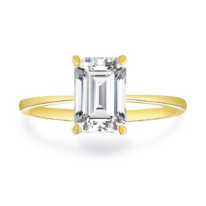 espere 2 Carat Emerald Cut Moissanite Engagement Ring Classic Solitaire Engagement Ring Solid Gold Plain Ring Band 14K Yellow Gold Bridal Ring Stackable Wedding Ring Size 7