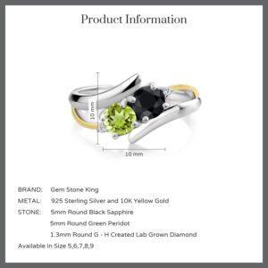 Gem Stone King 1.26 Ct Round Black Sapphire Green Peridot 925 Silver and 10K Yellow Gold Lab Grown Diamond 2 Stone Crossover Ring (Size 5)