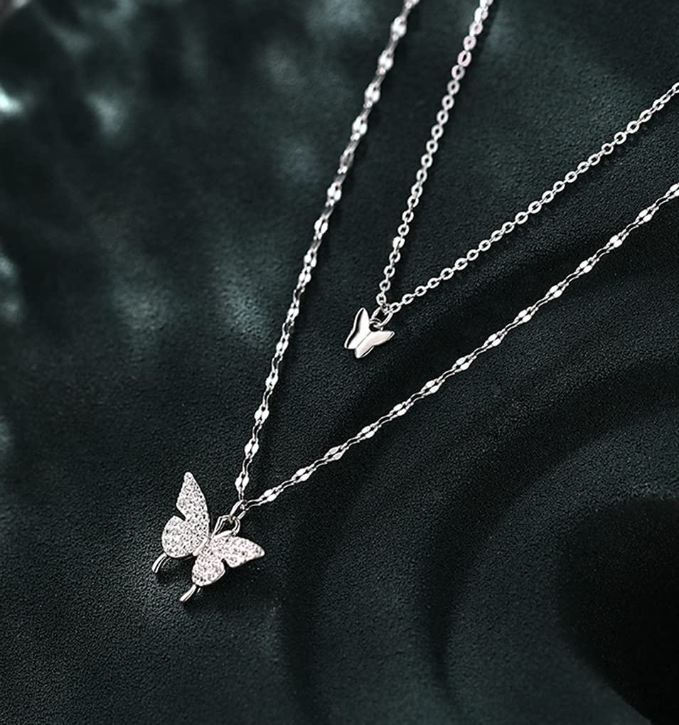 SLUYNZ 925 Sterling Silver CZ Butterfly Choker Necklace for Women Butterfly Layered Necklace Chain (A-Silver)