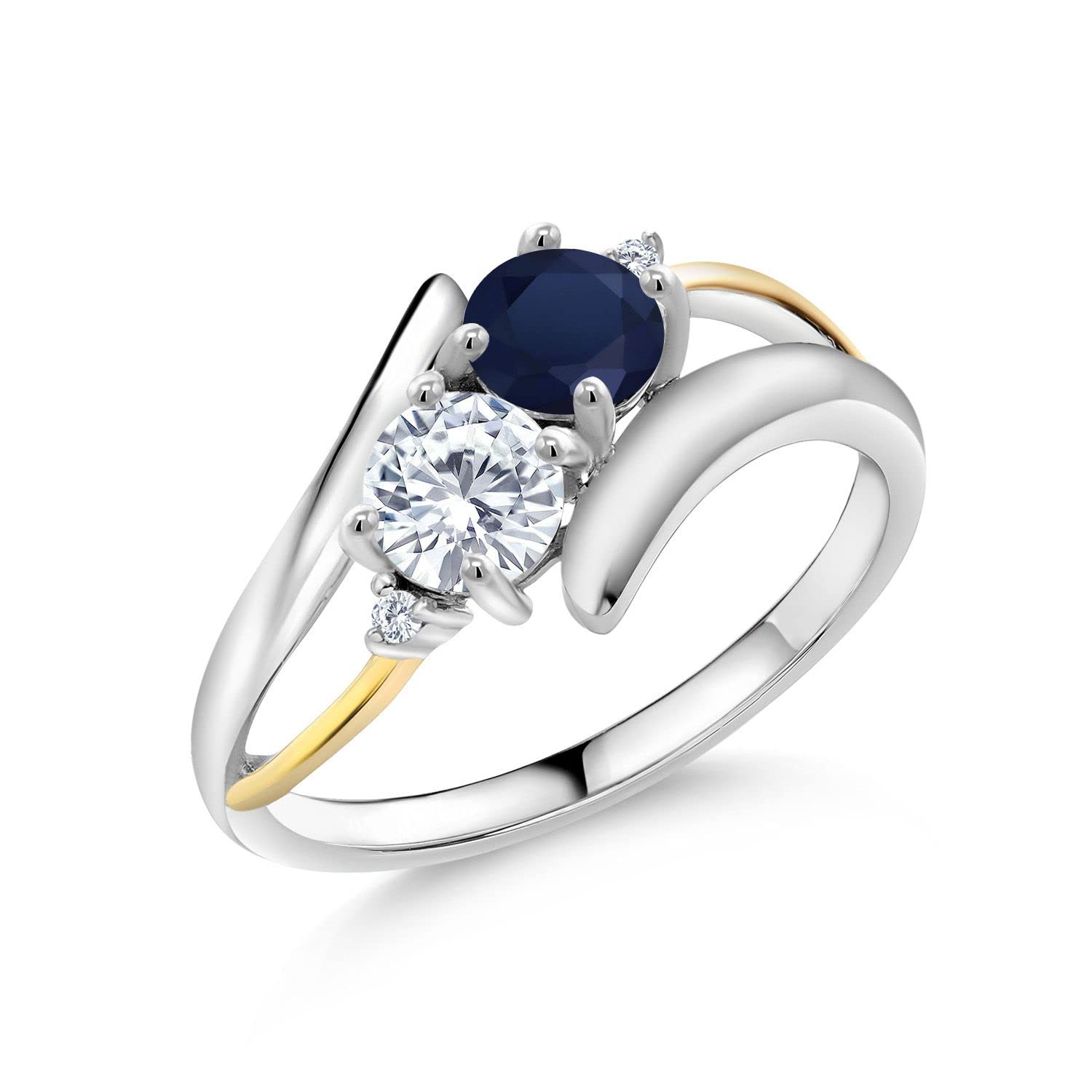 925 Silver and 10K Yellow Gold Round Blue Sapphire and Forever Classic Moissanite from Charles & Colvard (1.12 Cttw, Gemstone Birthstone, Available In Size 5, 6, 7, 8, 9)