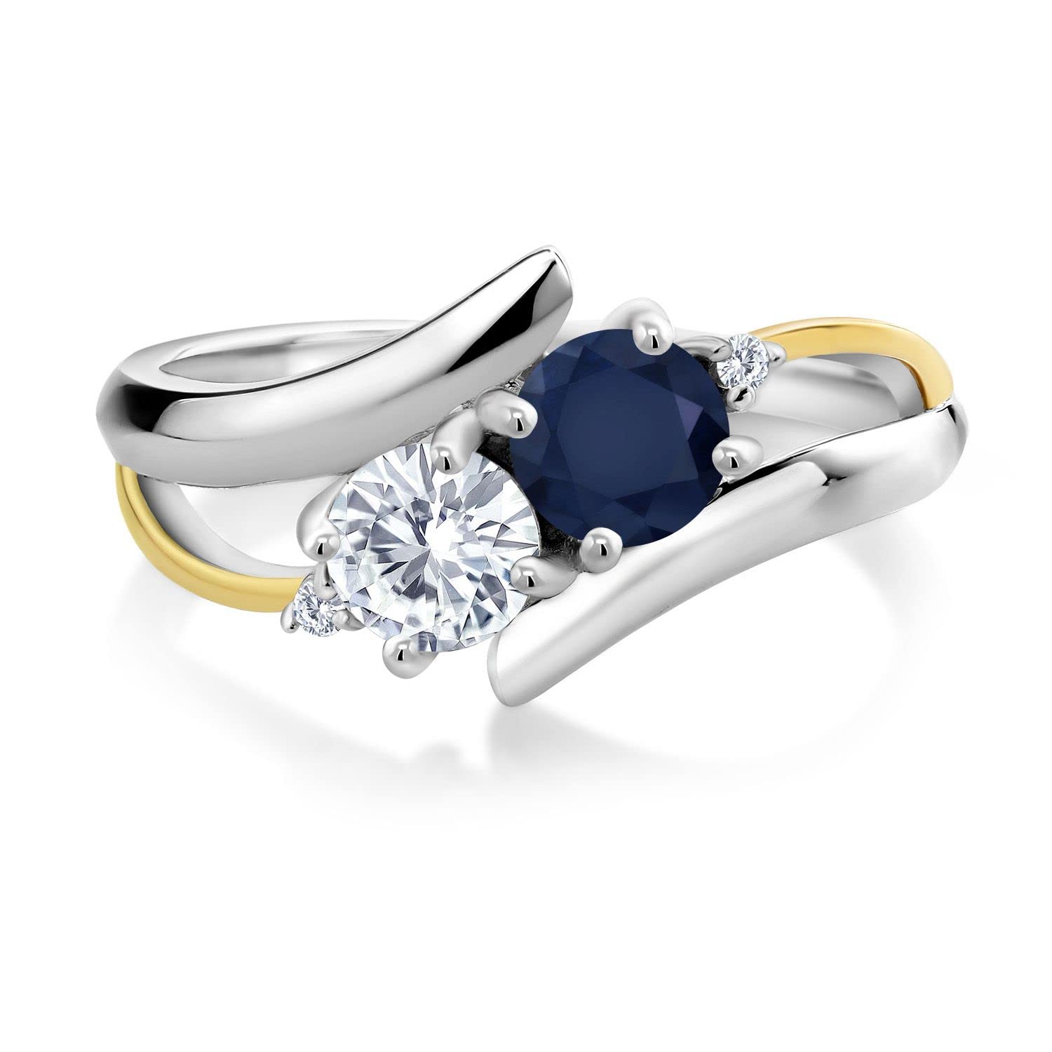 925 Silver and 10K Yellow Gold Round Blue Sapphire and Forever Classic Moissanite from Charles & Colvard (1.12 Cttw, Gemstone Birthstone, Available In Size 5, 6, 7, 8, 9)