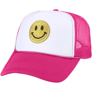 Lin Su Fashion Smile Face Sequins Baseball Cap Printing Neon High Crown Foam Mesh Back Trucker Hat-for Men and Women (Multicoloured-7)