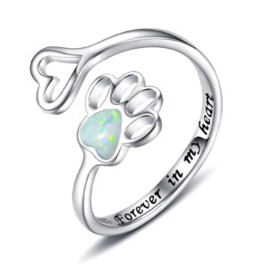 opal pet lovers paw print ring heart 925 sterling silver adjustable puppy cat ring animal jewelry love dog claw ring pets loving friend families gifts (white)