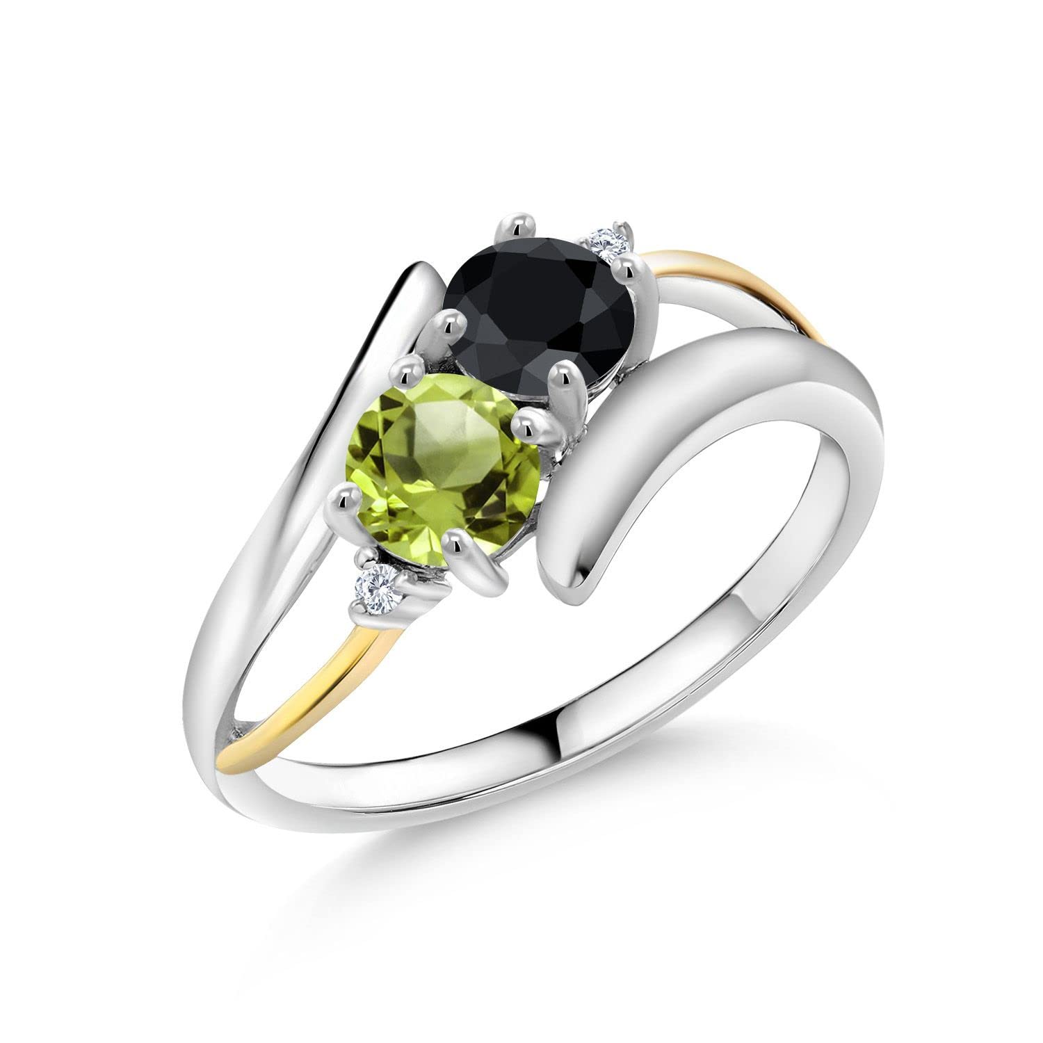 Gem Stone King 1.26 Ct Round Black Sapphire Green Peridot 925 Silver and 10K Yellow Gold Lab Grown Diamond 2 Stone Crossover Ring (Size 5)