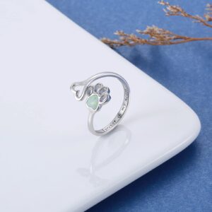 Opal Pet Lovers Paw Print Ring Heart 925 Sterling Silver Adjustable Puppy Cat Ring Animal Jewelry Love Dog Claw Ring Pets Loving Friend Families Gifts (White)