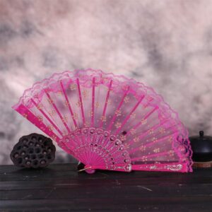 DUO ER Decorative Fans Best Chinese Style Dance Wedding Party Lace Silk Folding Hand Held Flower Fan Pocket Gifts for Summer (Color : Hot Pink)