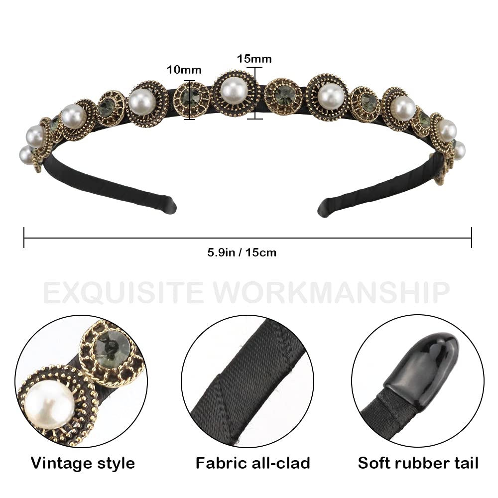 NAIHOD 3 Pcs Pearls Rhinestones Thin Headbands for Women Girls Luxury Vintage Hair Bands for Women's Hair with Cloth Wrapped Metal Hair Hoop Baroque Headpiece Elastic Head Bands