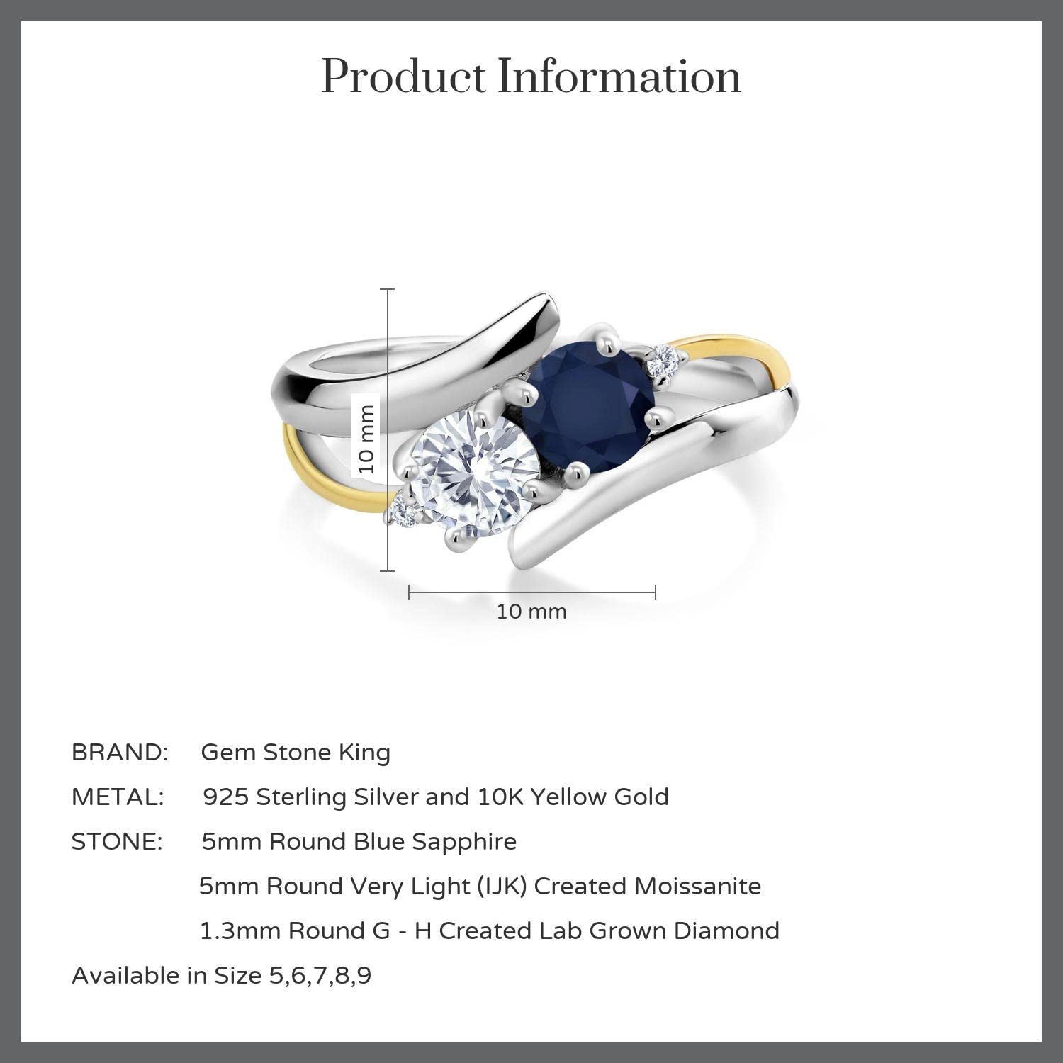 925 Silver and 10K Yellow Gold Round Blue Sapphire and Forever Classic Moissanite from Charles & Colvard (1.12 Cttw, Gemstone Birthstone, Available In Size 5, 6, 7, 8, 9)