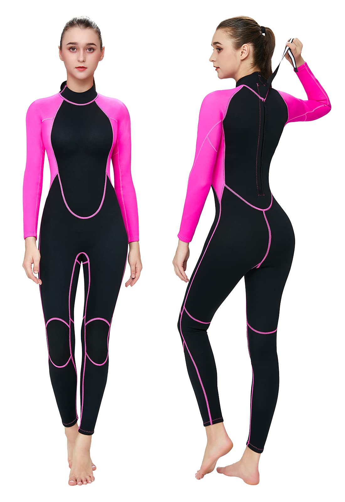 HIGI Flexel Full Wetsuit for Women,2mm Womens Wet Wuit Long Sleeve Swimsuits for Women in Cold Water Thermal Surfing Wetsuit Women Snorkeling Suit Scuba Swimsuit for Women black with pink, Large