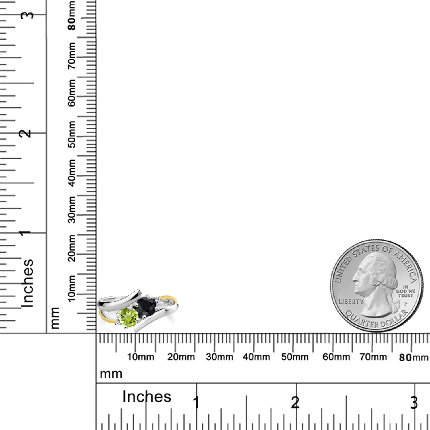 Gem Stone King 1.26 Ct Round Black Sapphire Green Peridot 925 Silver and 10K Yellow Gold Lab Grown Diamond 2 Stone Crossover Ring (Size 5)