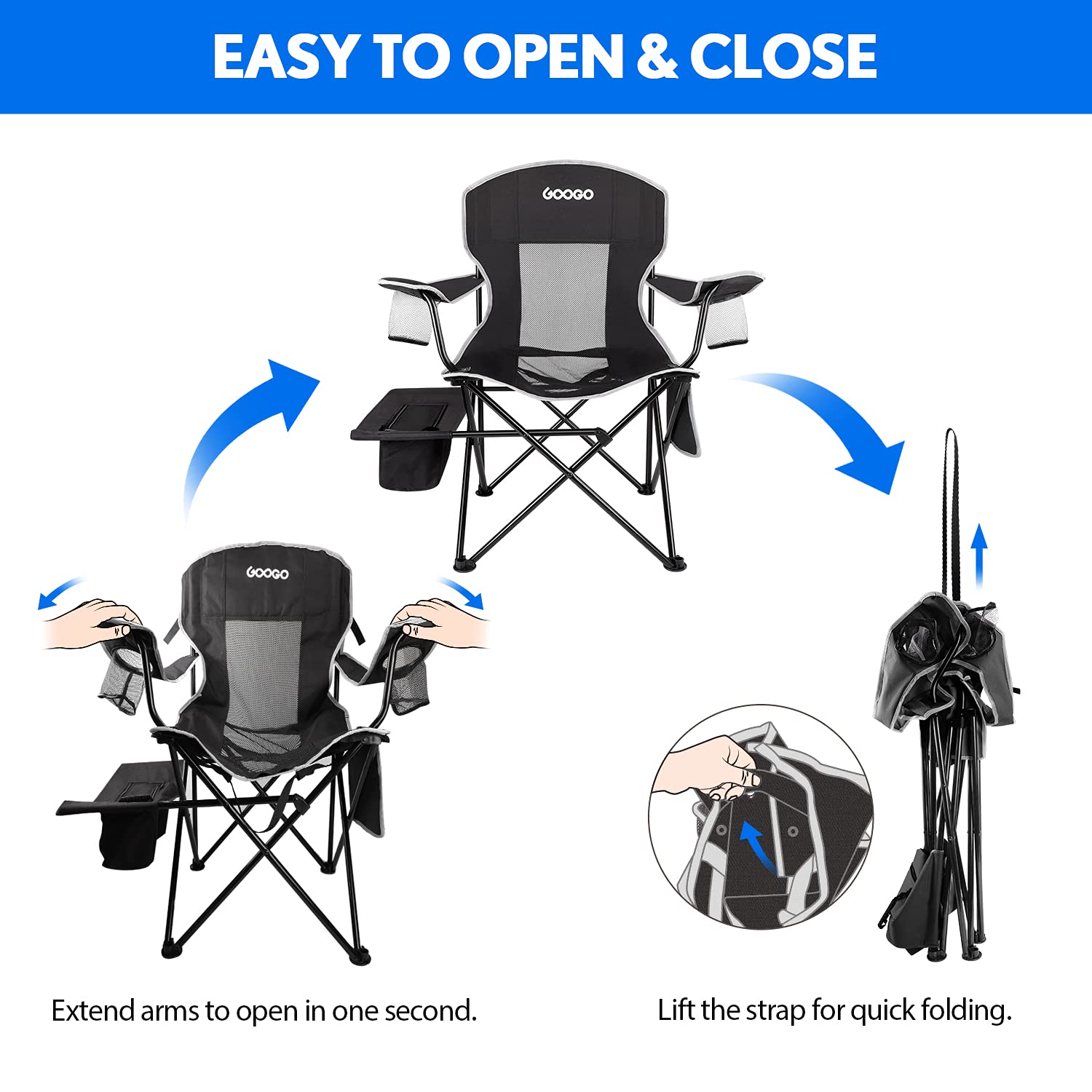 GOOGO Camping Chair Folding, Oversize Portable Lightweight Chair with Cooler, Cup Holder, Mesh Back Seat, Supports 300lbs, Collapsible Compact Chair with Carry Bag & Strap for Outdoor, Camp, Hiking