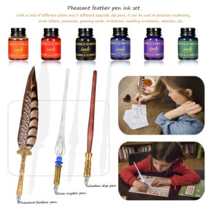 NC Quill Pen Ink Set,includes quill pen,wooden And glass dip pen,6 bottles ink,8 letter paper,1 envelope,17 Replaceable Nibs,1 bottle of fire lacquer wax,spoon,Seal Stamp,candle,pen holder, Cup.