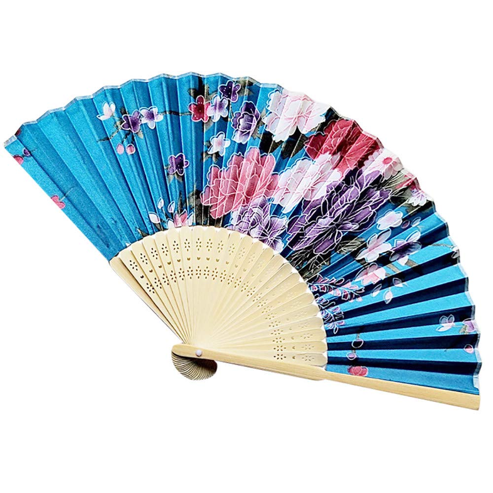 DUO ER Vintage Bamboo Folding Hand Held Flower Fan Chinese Dance Party Pocket Gifts (Color : Light Blue)