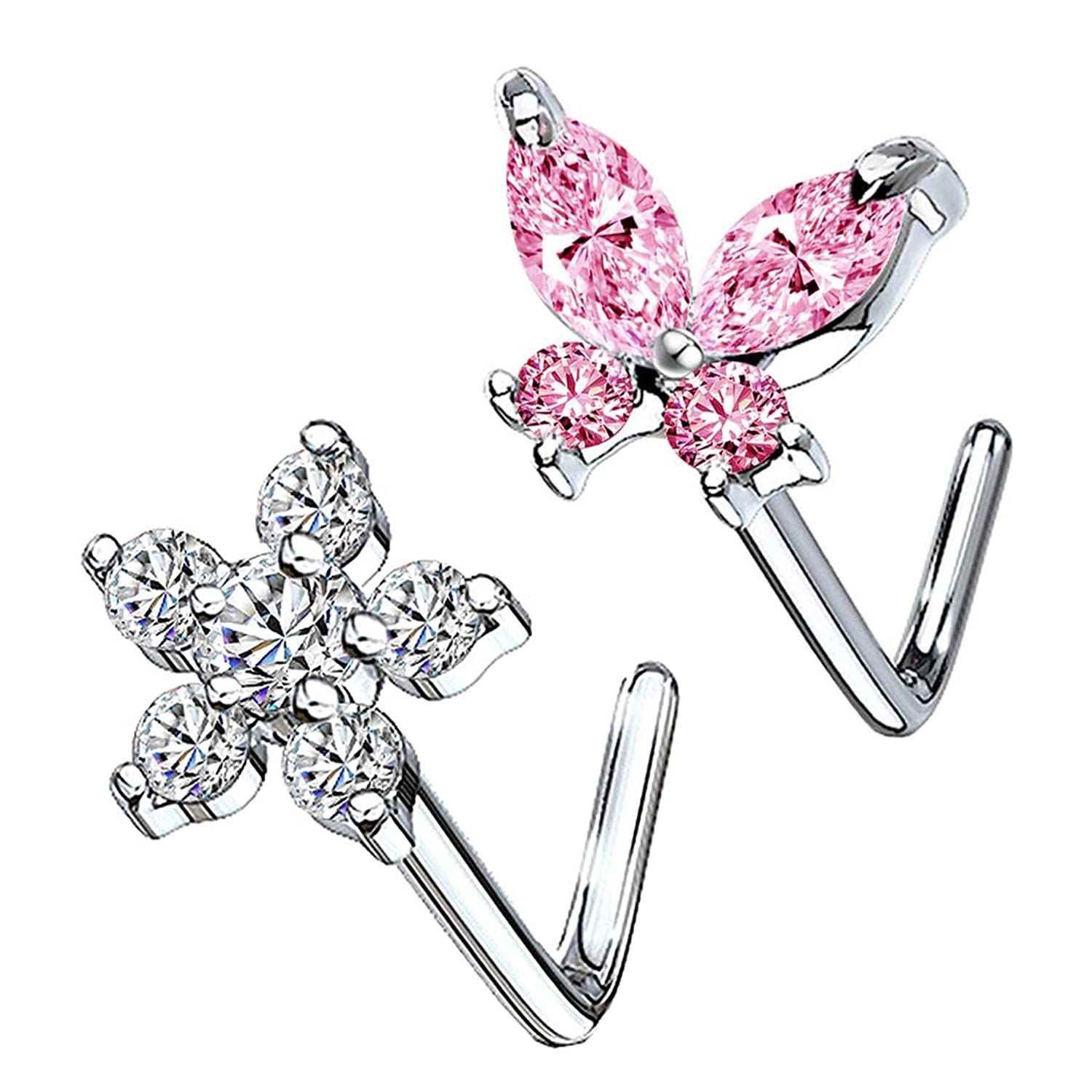 CHARMONLINE CZ Butterfly Flower L Bend Stud Nose Ring 20G L Shaped Nose Studs Nose Hoop Rings Nose Body Piercing for Women Men