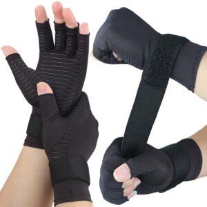 2 pairs pack compression gloves for women men, copper arthritis gloves for hand pain relief, carpal tunnel wrist support, rheumatoid, joint swelling,fingerless for computer typing(small/medium)