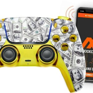 MODDEDZONE Custom Rapid Fire, Anti Recoil, Macros MODDED Wireless Controller for PS5 & PC - Unique Smart Mods for ps5 controller controlled by the APP. Best for FPS Games. Enhanced Gaming Experience (Gold Money)