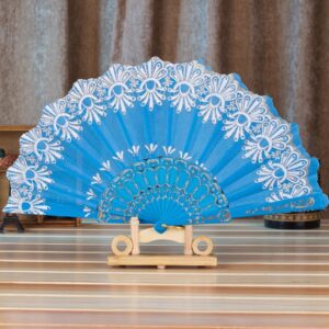 DUO ER Chinese/Spanish Style Dance Wedding Party Lace Silk Folding Hand Held Flower Fan (Color : Blue)