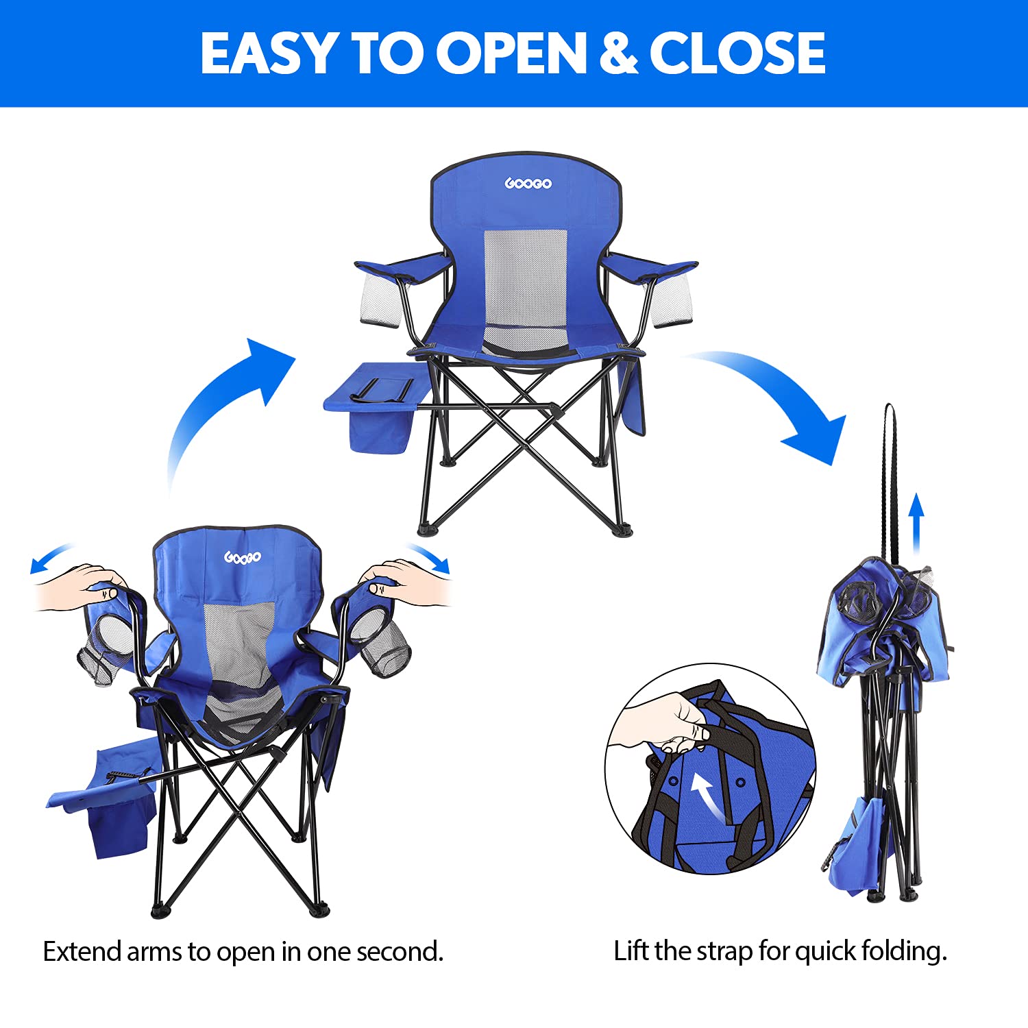 GOOGO Camping Chair Folding, Oversized Portable Lightweight Chair with Cooler, Cup Holder, Mesh Back Seat, Supports 300lbs, Collapsible Compact Chair with Carry Bag & Strap for Outdoor, Camp, Hiking