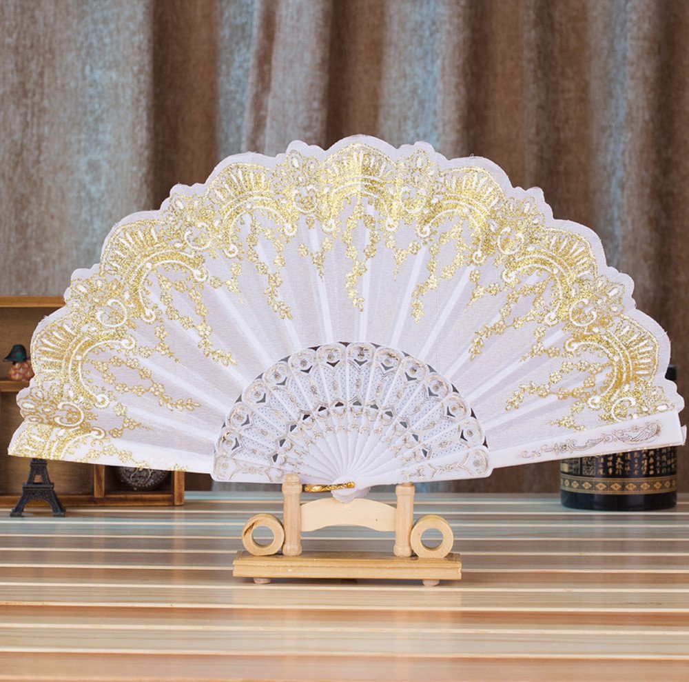 DUO ER Chinese/Spanish Style Dance Wedding Party Lace Silk Folding Hand Held Flower Fan (Color : Blue)