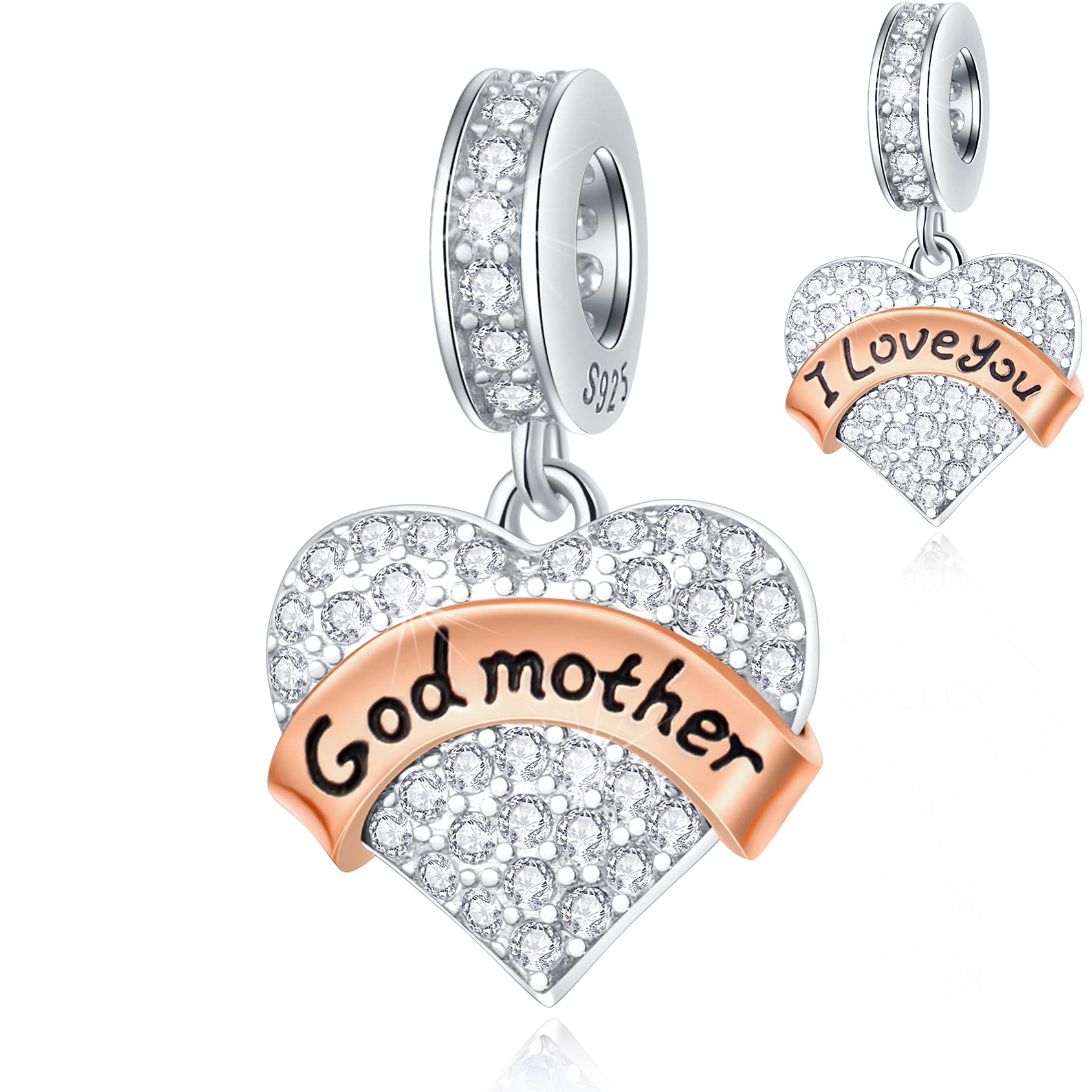 I Love You Godmother Heart Charms in 925 Sterling Silver, fits Pandora Mothers Day Bracelet, Sparkle CZ God Mom Pendant Beads with Rose Gold Ribbon, Gift for Christmas/Godmom