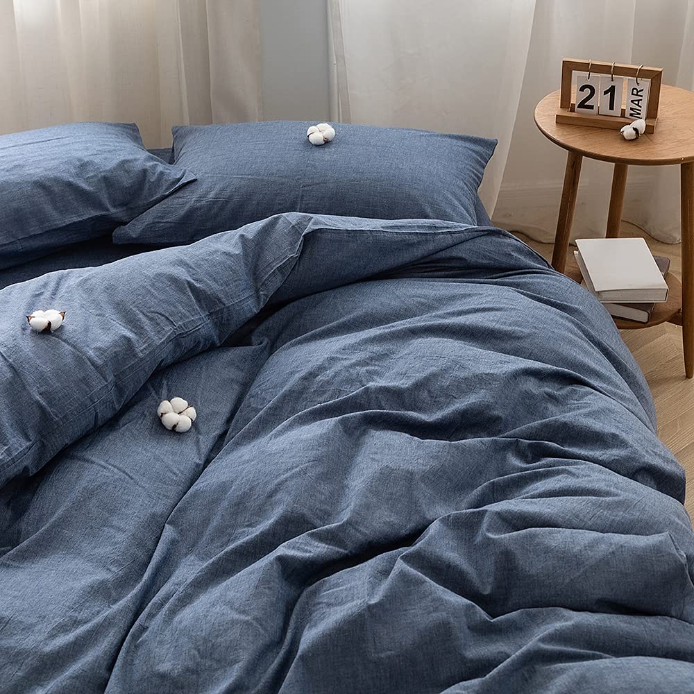 FACE TWO FACE Bedding Duvet Cover Set 3 Pieces 100% Washed Cotton Duvet Cover Linen Like Textured Breathable Durable Soft Comfy (California King, Denim)