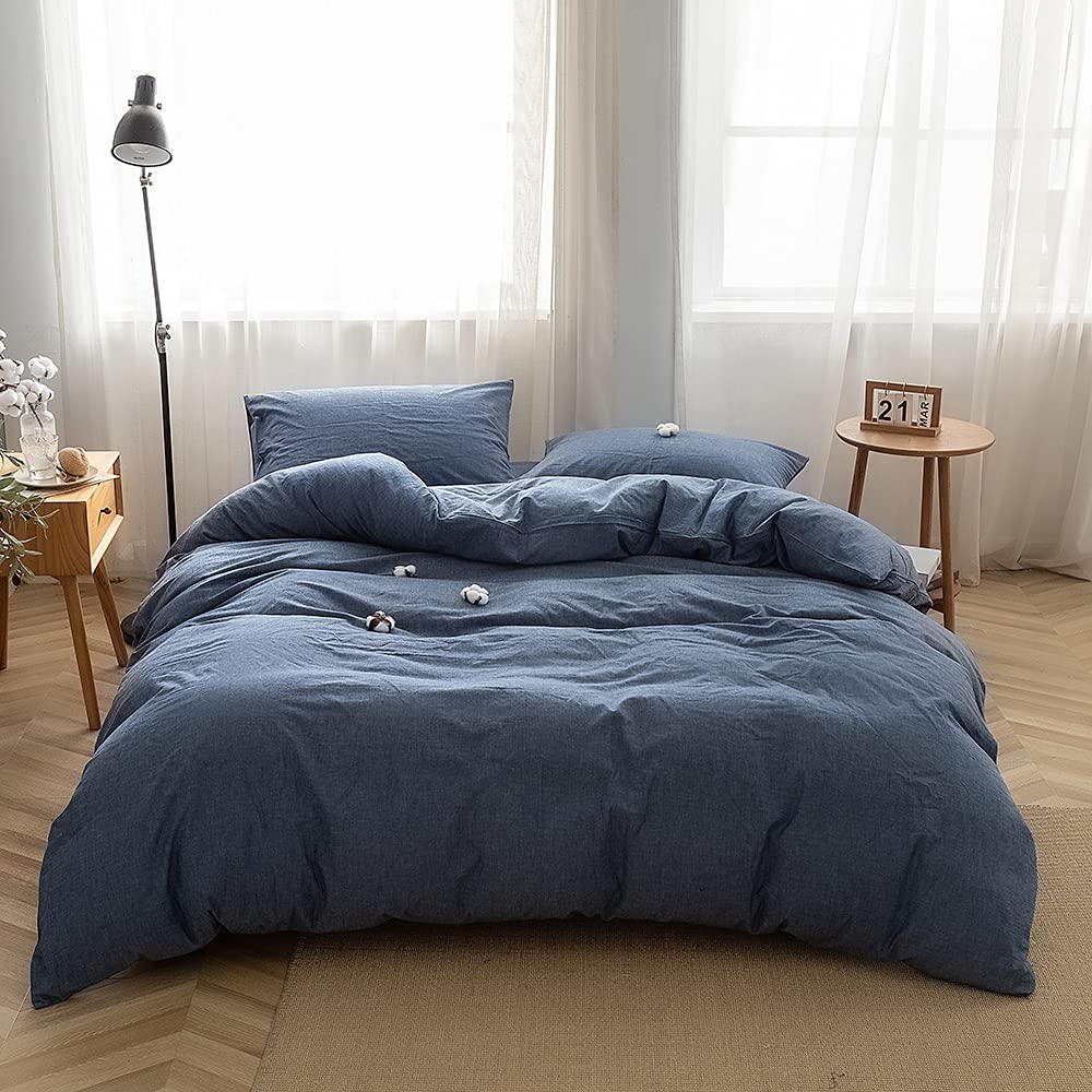 FACE TWO FACE Bedding Duvet Cover Set 3 Pieces 100% Washed Cotton Duvet Cover Linen Like Textured Breathable Durable Soft Comfy (California King, Denim)