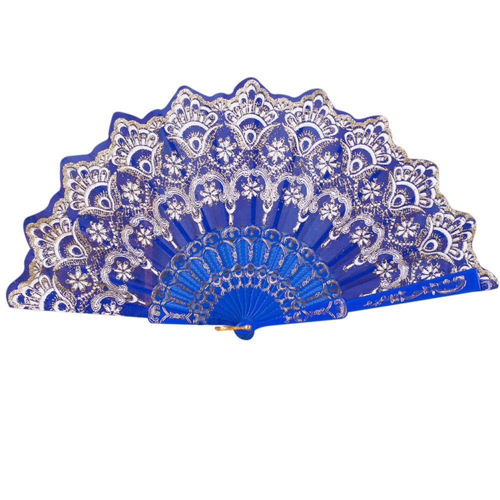 DUO ER Chinese/Spanish Style Dance Wedding Party Lace Silk Folding Hand Held Flower Fan (Color : Blue)