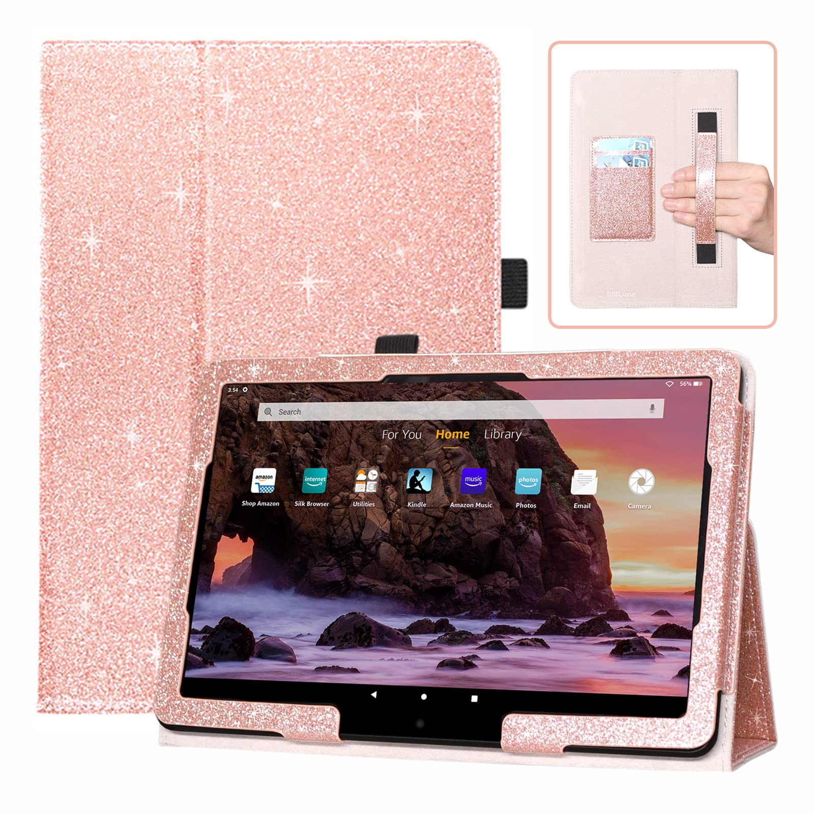 DMLuna Case for All-New Amazon Fire HD 10 & 10 Plus Tablet (13th / 11th Generation, 2023/2021 Release) 10.1", Slim Cover with Folding Stand, Auto Wake/Sleep, Hand Strap, Card Slot - Glitter Rose