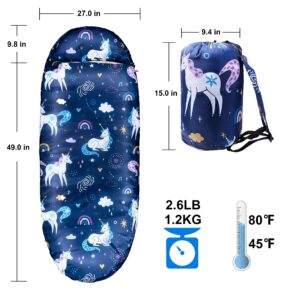 Kids Sleeping Bags for Girls – Unicorn Rainbow Space Navy – Rioyalo YOLO 45 Camping Sleeping Bags for Kids with Carry Bag - Outdoor and Indoor (Unicorn-NV)