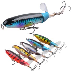 5PCS Topwater Fishing Lures Bass Whopper Fishing Lures Kit Plopping Bass Bait Lures with Floating Rotating Tail Pencil Floating Lure for Freshwater Saltwater Catfish Pike Perch (A1-4.06IN)