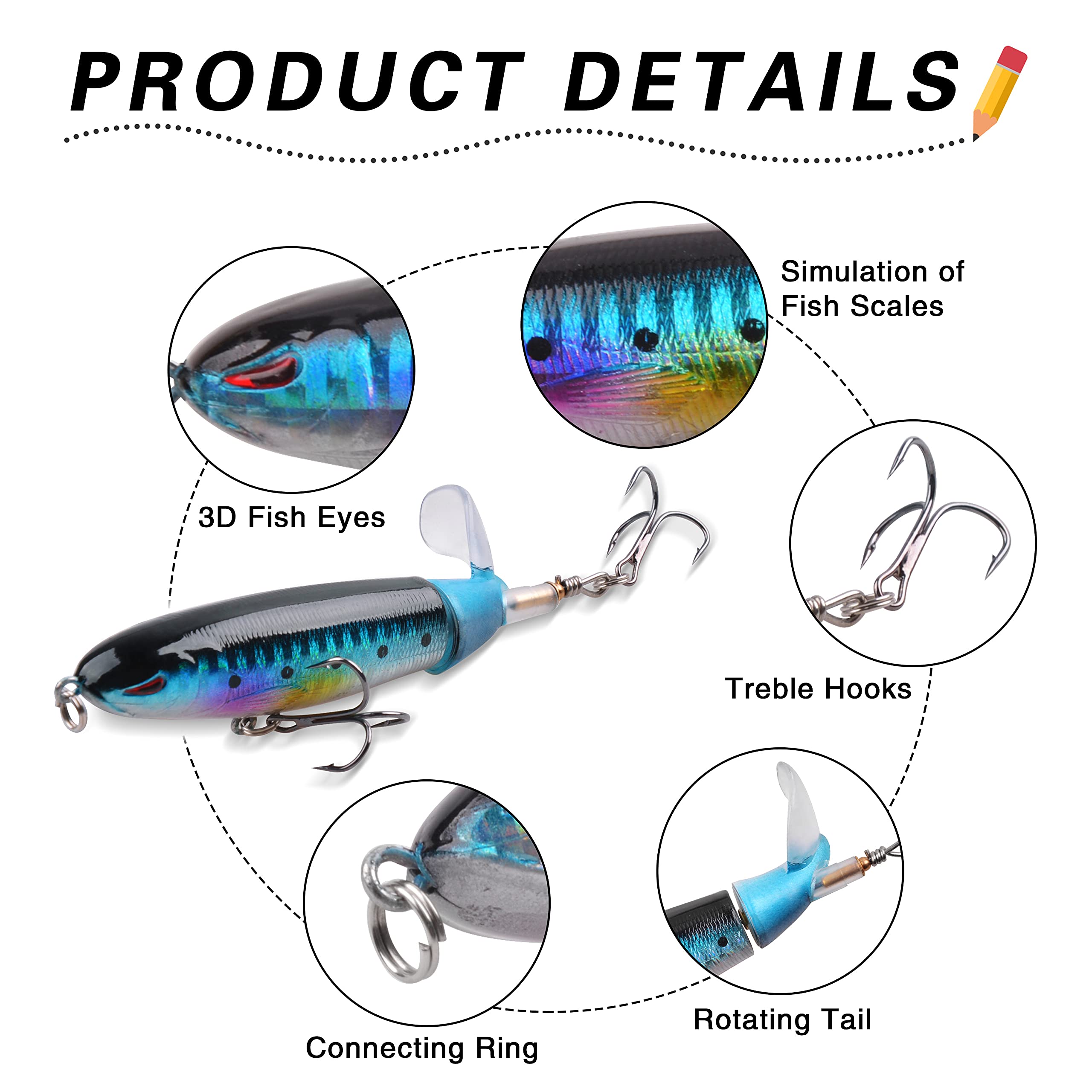 5PCS Topwater Fishing Lures Bass Whopper Fishing Lures Kit Plopping Bass Bait Lures with Floating Rotating Tail Pencil Floating Lure for Freshwater Saltwater Catfish Pike Perch (A1-4.06IN)