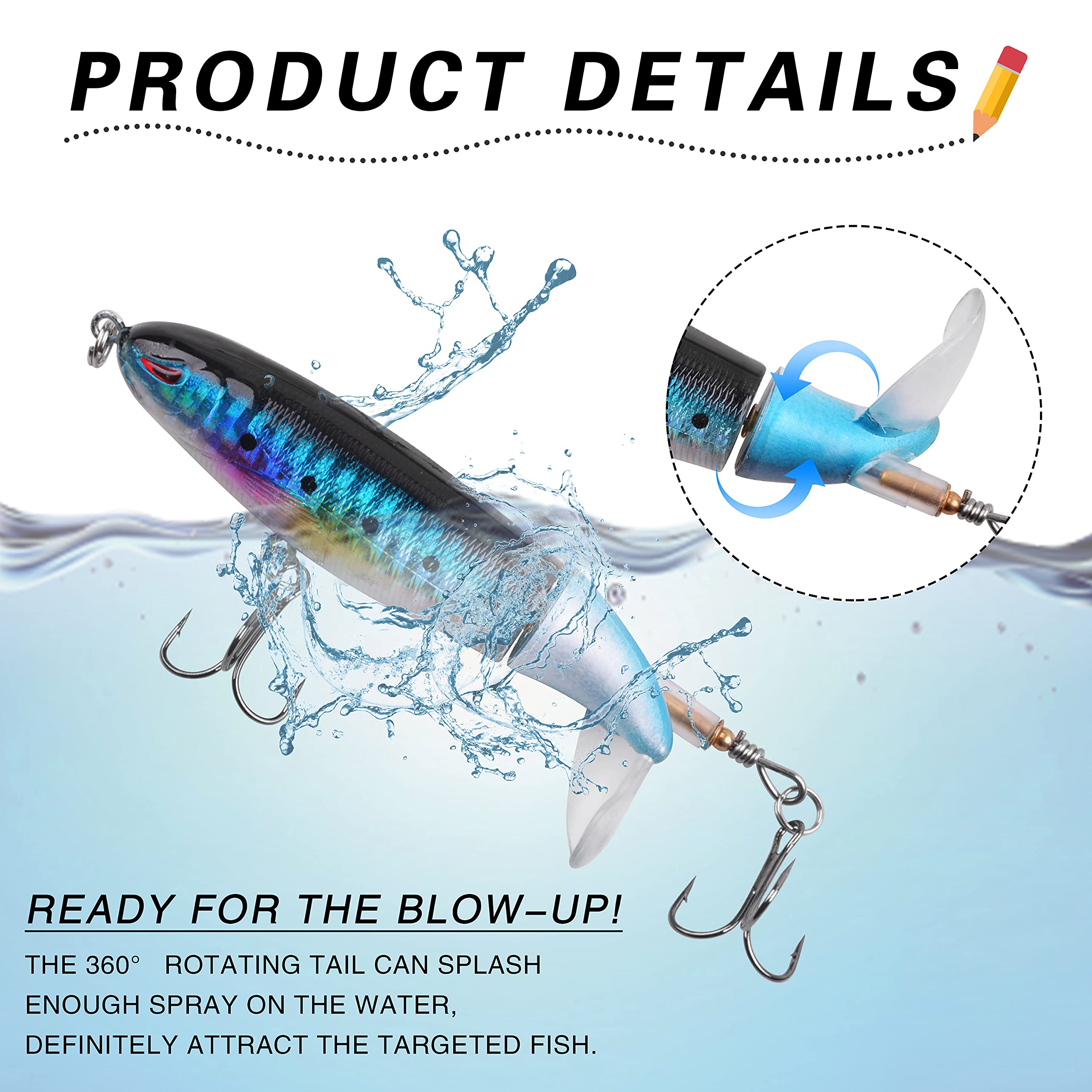 5PCS Topwater Fishing Lures Bass Whopper Fishing Lures Kit Plopping Bass Bait Lures with Floating Rotating Tail Pencil Floating Lure for Freshwater Saltwater Catfish Pike Perch (A1-4.06IN)