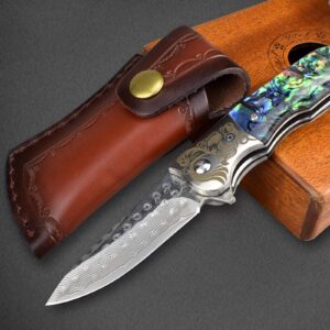 AUBEY Damascus Steel Pocket Knife with Clip, Abalone Shell Handle Folding Knife, Sharp EDC Hunting Knife with Leather Sheath for Camping Collection