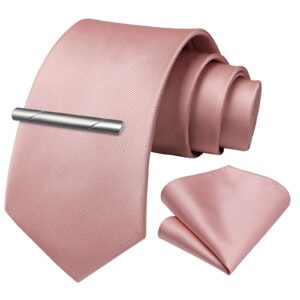 HISDERN Mens Blush Pink Ties for Men Business Wedding Rose Gold Woven Silk Ties and Pocket Square with Neckties Clip Set Formal Solid Stain Tie