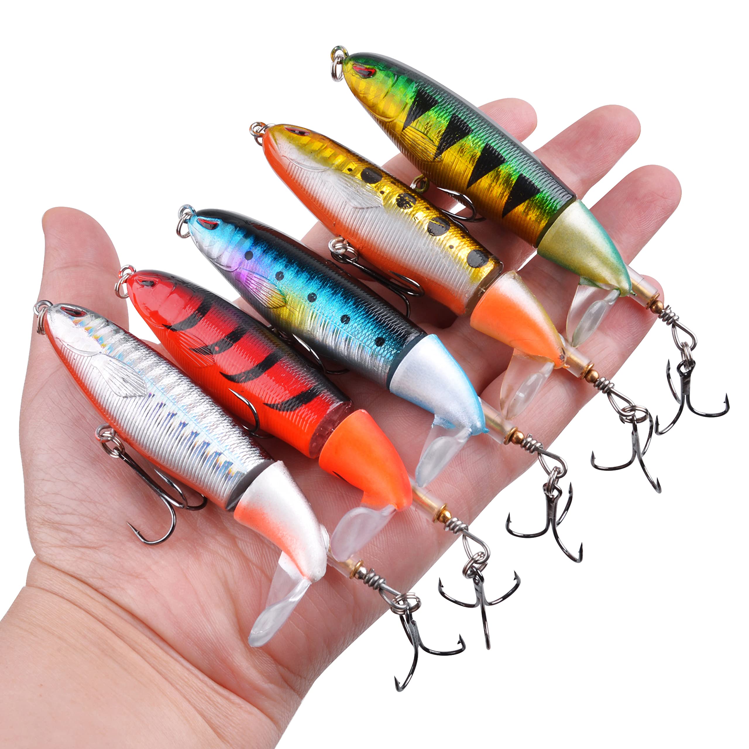 5PCS Topwater Fishing Lures Bass Whopper Fishing Lures Kit Plopping Bass Bait Lures with Floating Rotating Tail Pencil Floating Lure for Freshwater Saltwater Catfish Pike Perch (A1-4.06IN)