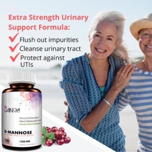 DAINOVA D Mannose 1350mg with Cranberry I D-Mannose Capsules for UTI Prevention, Urinary Tract Support, Urinary Tract Health for Women, & Cleanse. W/Hibiscus & Dandelion, 120 Veggie Capsules