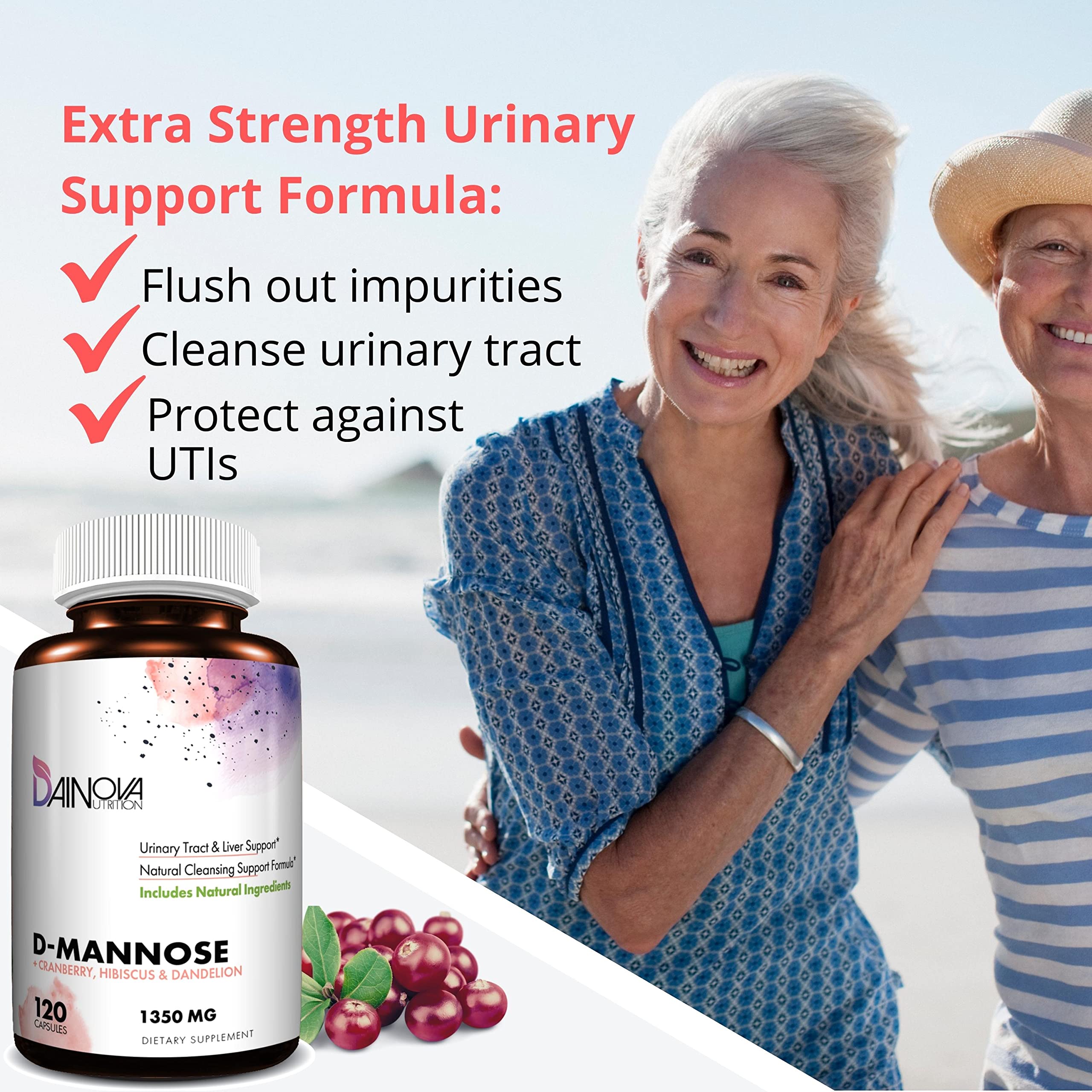 DAINOVA D Mannose 1350mg with Cranberry I D-Mannose Capsules for UTI Prevention, Urinary Tract Support, Urinary Tract Health for Women, & Cleanse. W/Hibiscus & Dandelion, 120 Veggie Capsules