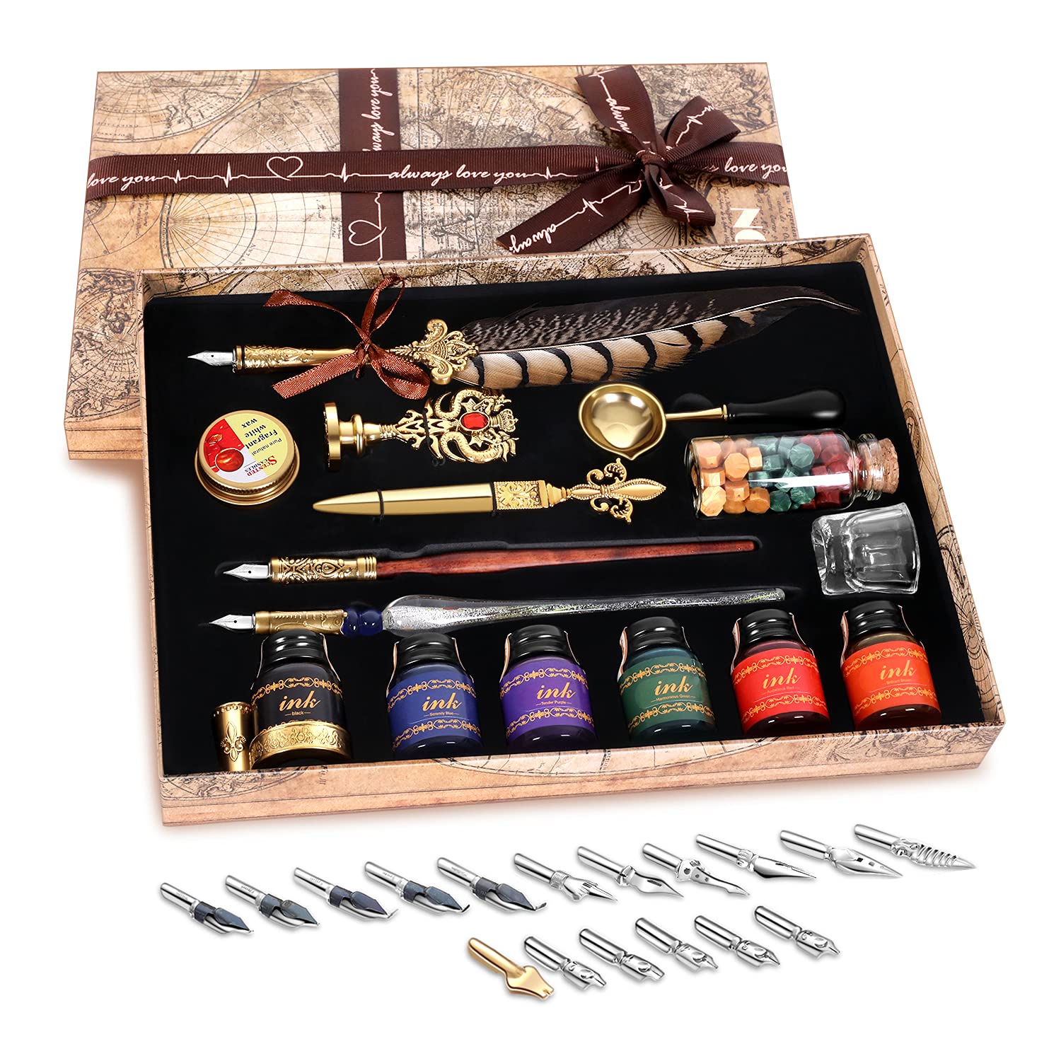 NC Quill Pen Ink Set,includes quill pen,wooden And glass dip pen,6 bottles ink,8 letter paper,1 envelope,17 Replaceable Nibs,1 bottle of fire lacquer wax,spoon,Seal Stamp,candle,pen holder, Cup.