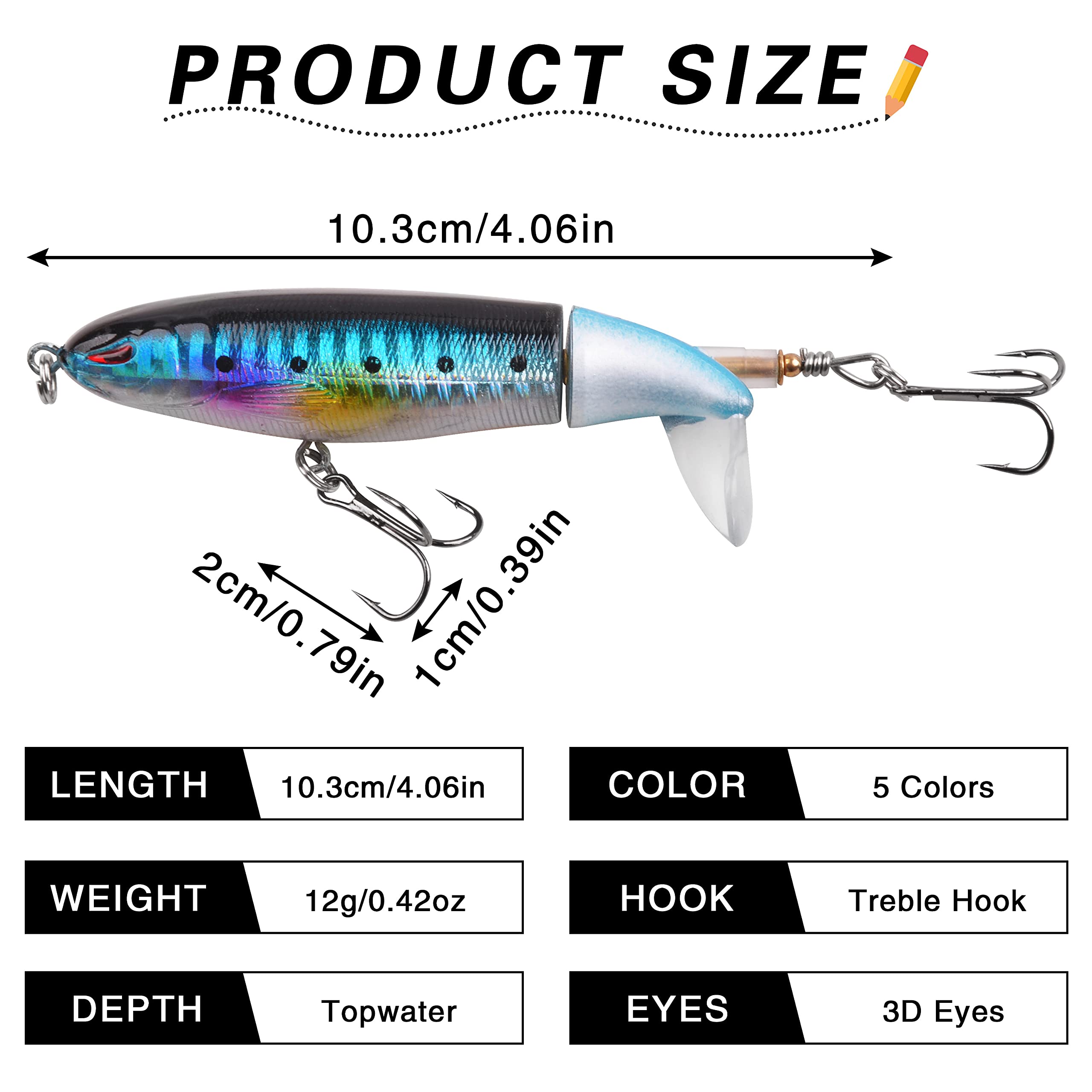 5PCS Topwater Fishing Lures Bass Whopper Fishing Lures Kit Plopping Bass Bait Lures with Floating Rotating Tail Pencil Floating Lure for Freshwater Saltwater Catfish Pike Perch (A1-4.06IN)