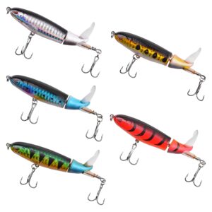 5PCS Topwater Fishing Lures Bass Whopper Fishing Lures Kit Plopping Bass Bait Lures with Floating Rotating Tail Pencil Floating Lure for Freshwater Saltwater Catfish Pike Perch (A1-4.06IN)