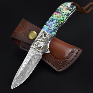 AUBEY Damascus Steel Pocket Knife with Clip, Abalone Shell Handle Folding Knife, Sharp EDC Hunting Knife with Leather Sheath for Camping Collection