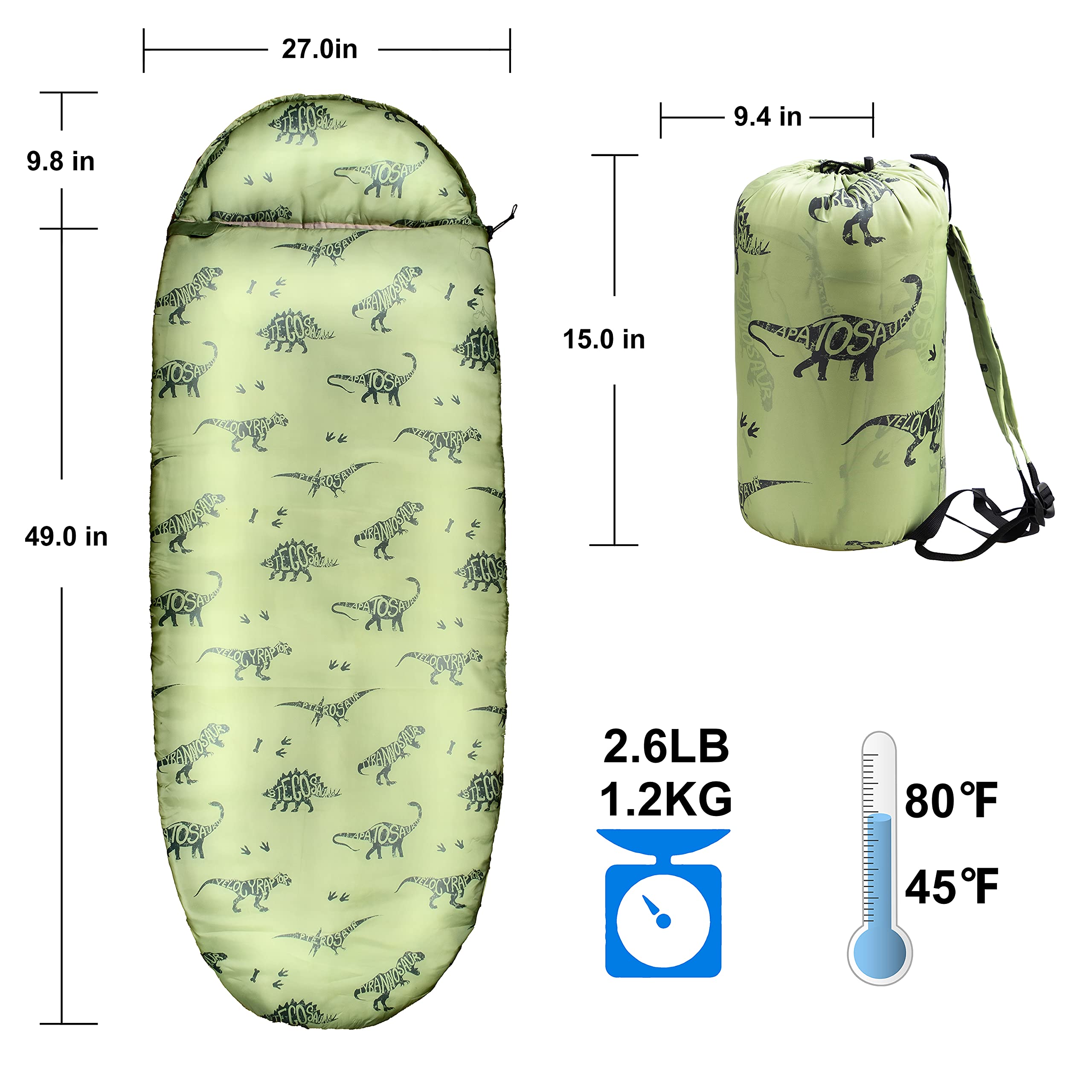 Kids Sleeping Bags for Boys – Military Green Dinosaur – Rioyalo YOLO 45 Camping Sleeping Bags for Kids with Carry Bag - Outdoor and Indoor (Military Dinosaur)