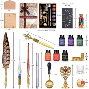 NC Quill Pen Ink Set,includes quill pen,wooden And glass dip pen,6 bottles ink,8 letter paper,1 envelope,17 Replaceable Nibs,1 bottle of fire lacquer wax,spoon,Seal Stamp,candle,pen holder, Cup.