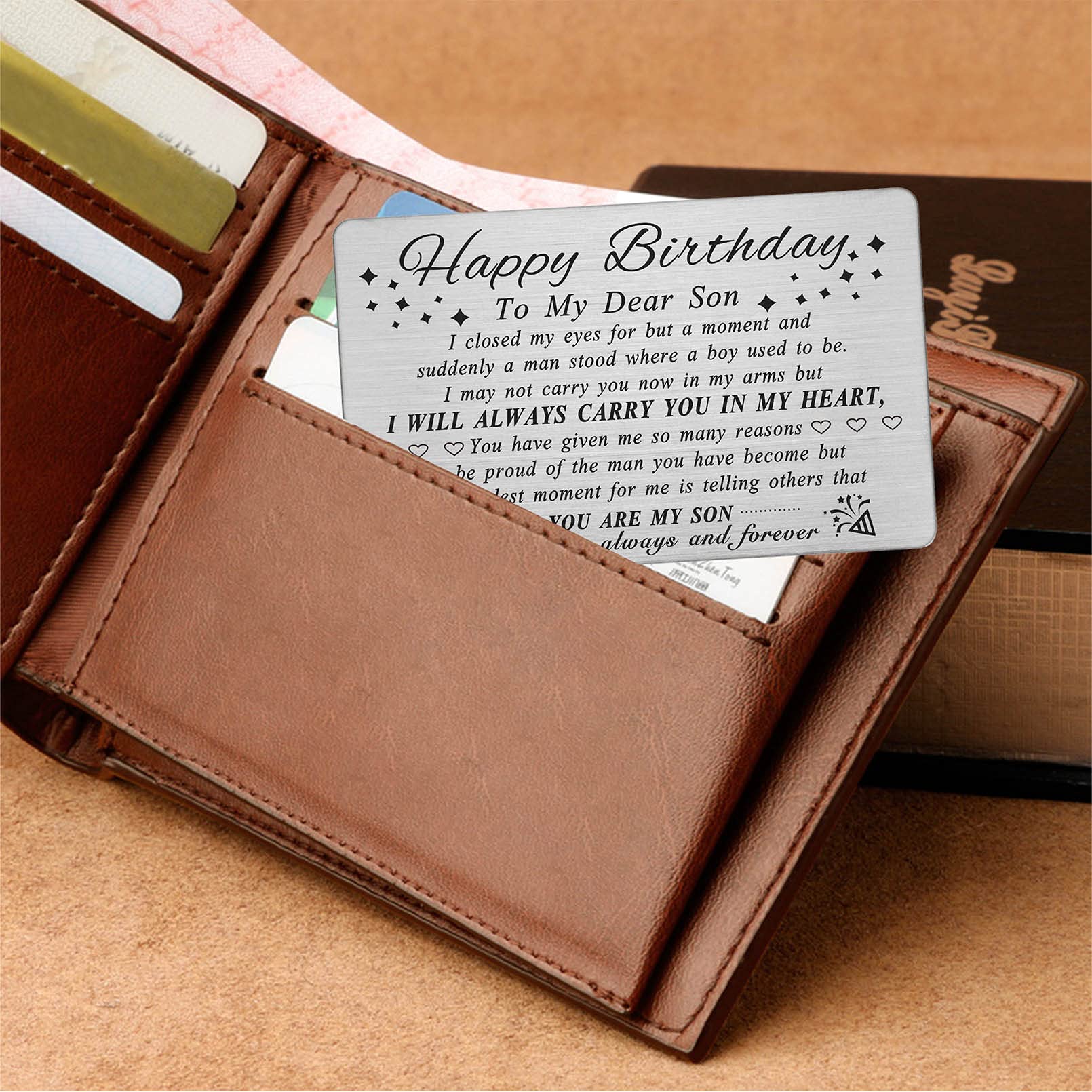 DEGASKEN Son Birthday Card Adult, Happy Birthday Gifts Ideas for Son Unique, Personalized Steel Engraved Wallet Card